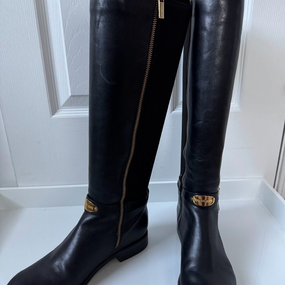Michael Kors Black Leather Heeled Boots with Gold Accents - Picture 2 of 10